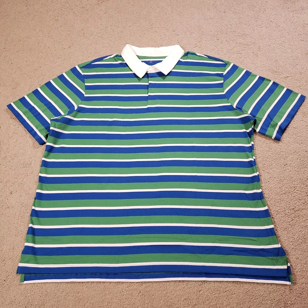 Men Polo Rugby Shirt 2XL XXL Green Blue Stripe John Blair‎ Preppy Casual